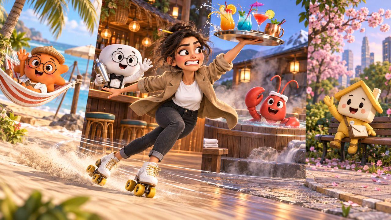 The singer on roller skates with a tray, racing through all four agents' worlds at once.