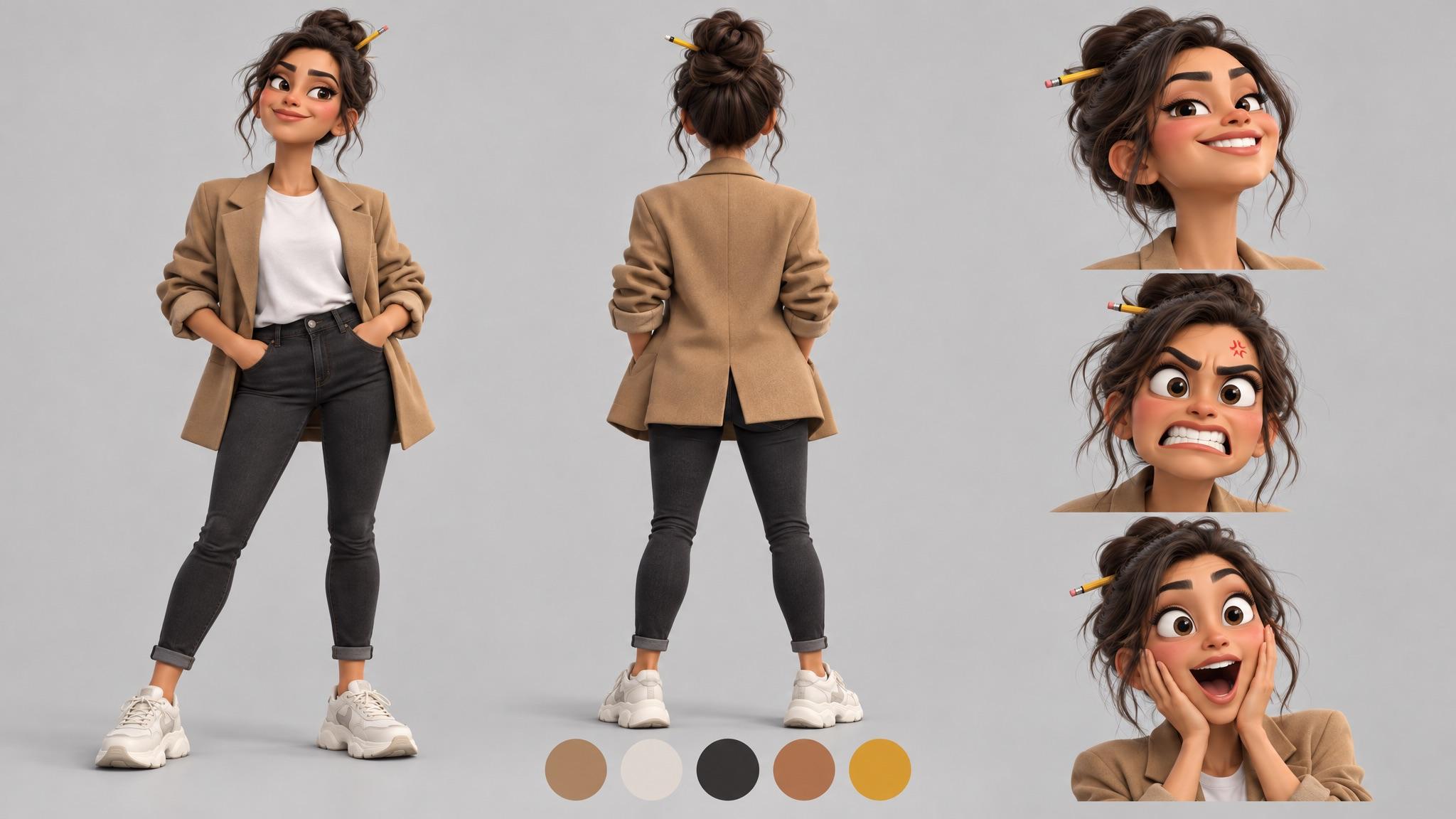 The singer's character sheet: front, back, three expressions and her colour palette.