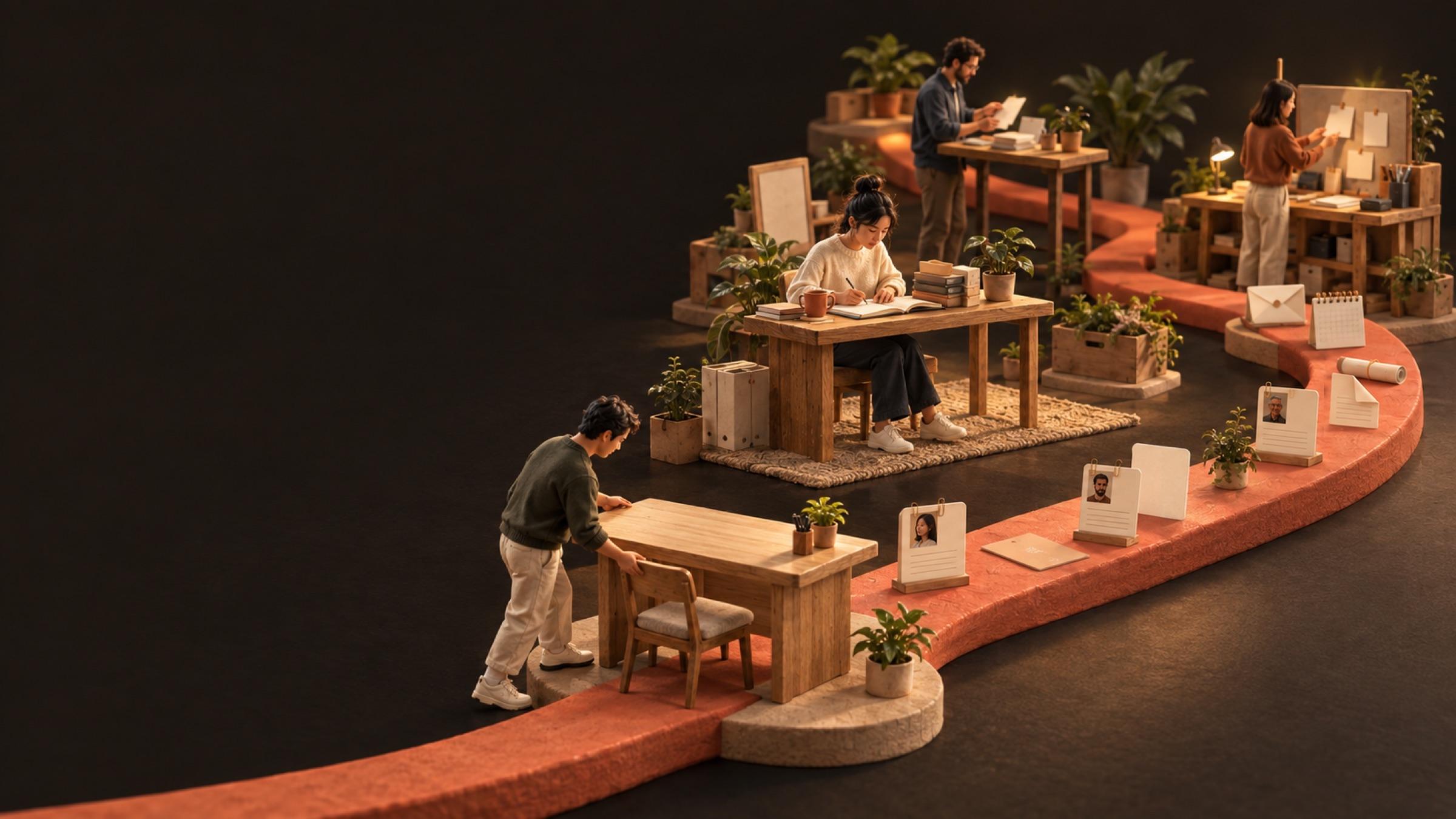 A miniature world: a terracotta path carrying people and notes runs past several work desks, and a new desk is being set down on it.