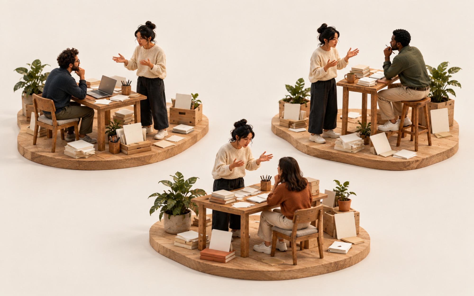 The same person explaining their work again at three separate desks, one for each agent.