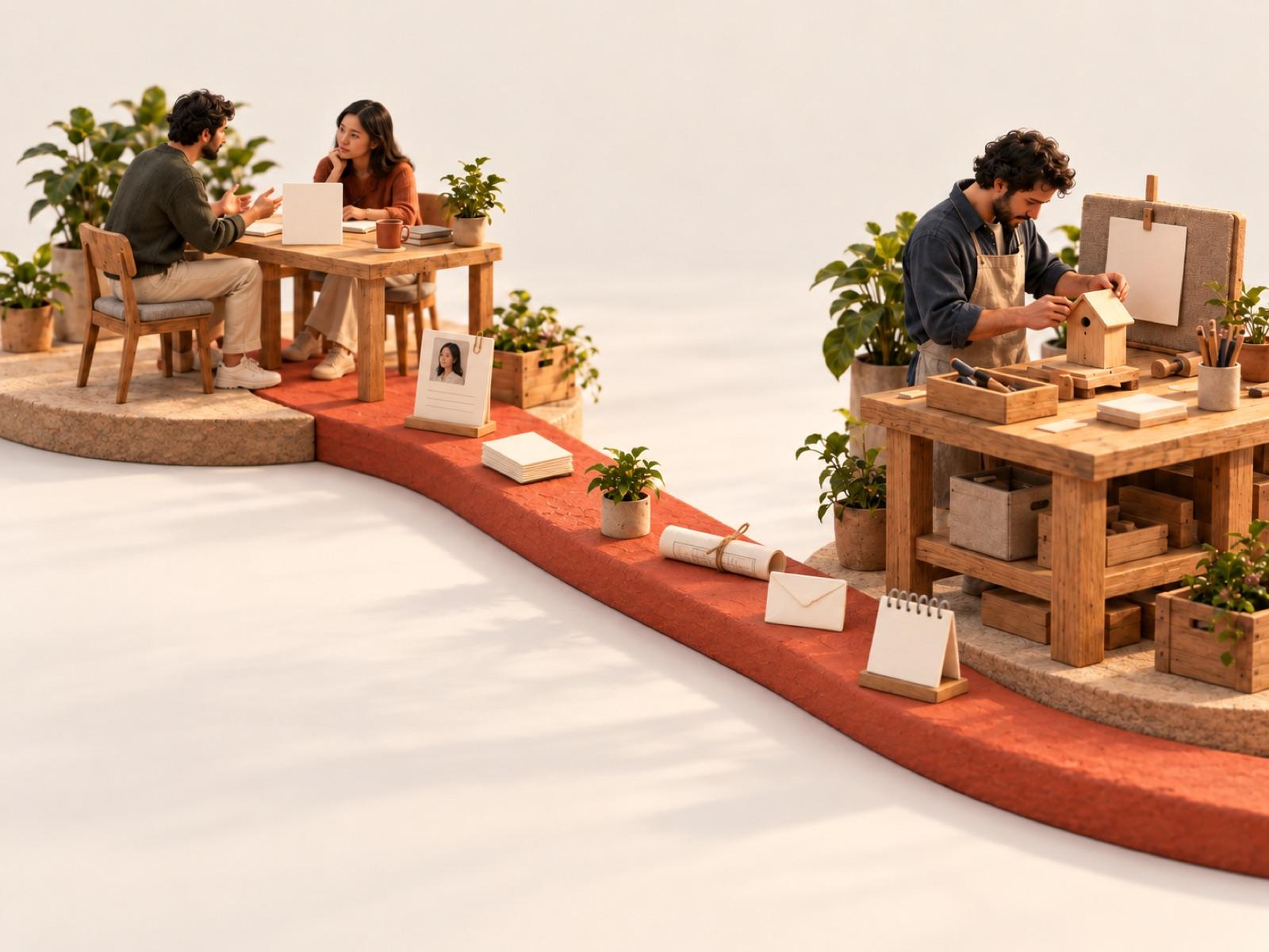 A conversation at one desk; a note travels along the path to a workbench where someone is building.