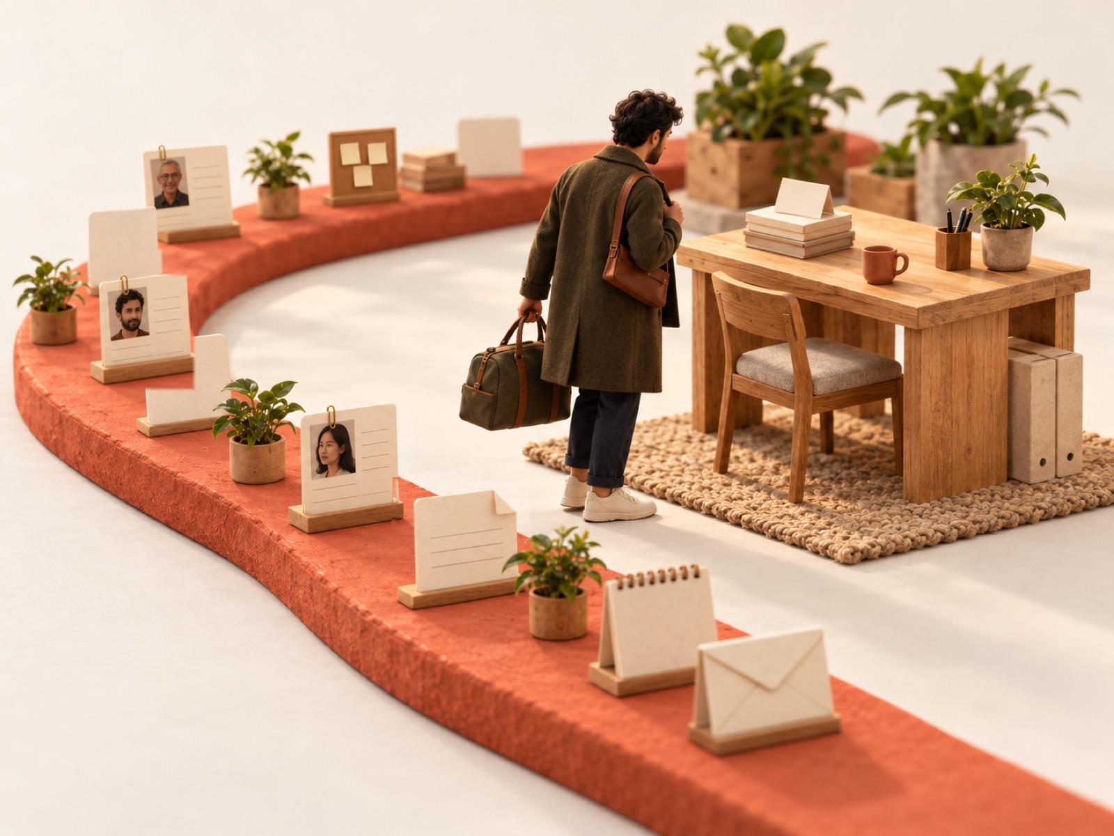 A person with a travel bag arrives at a desk at the end of a path lined with notes and people.