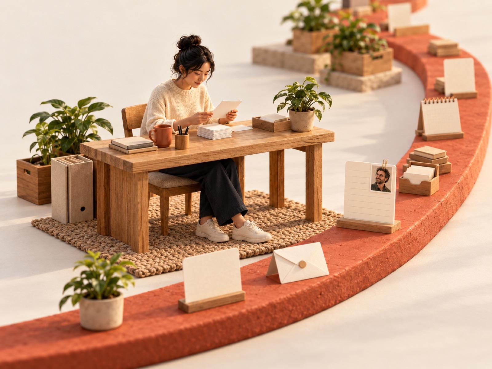 A person at a small desk before a meeting, reading a short stack of notes, with a portrait of the person they are meeting.