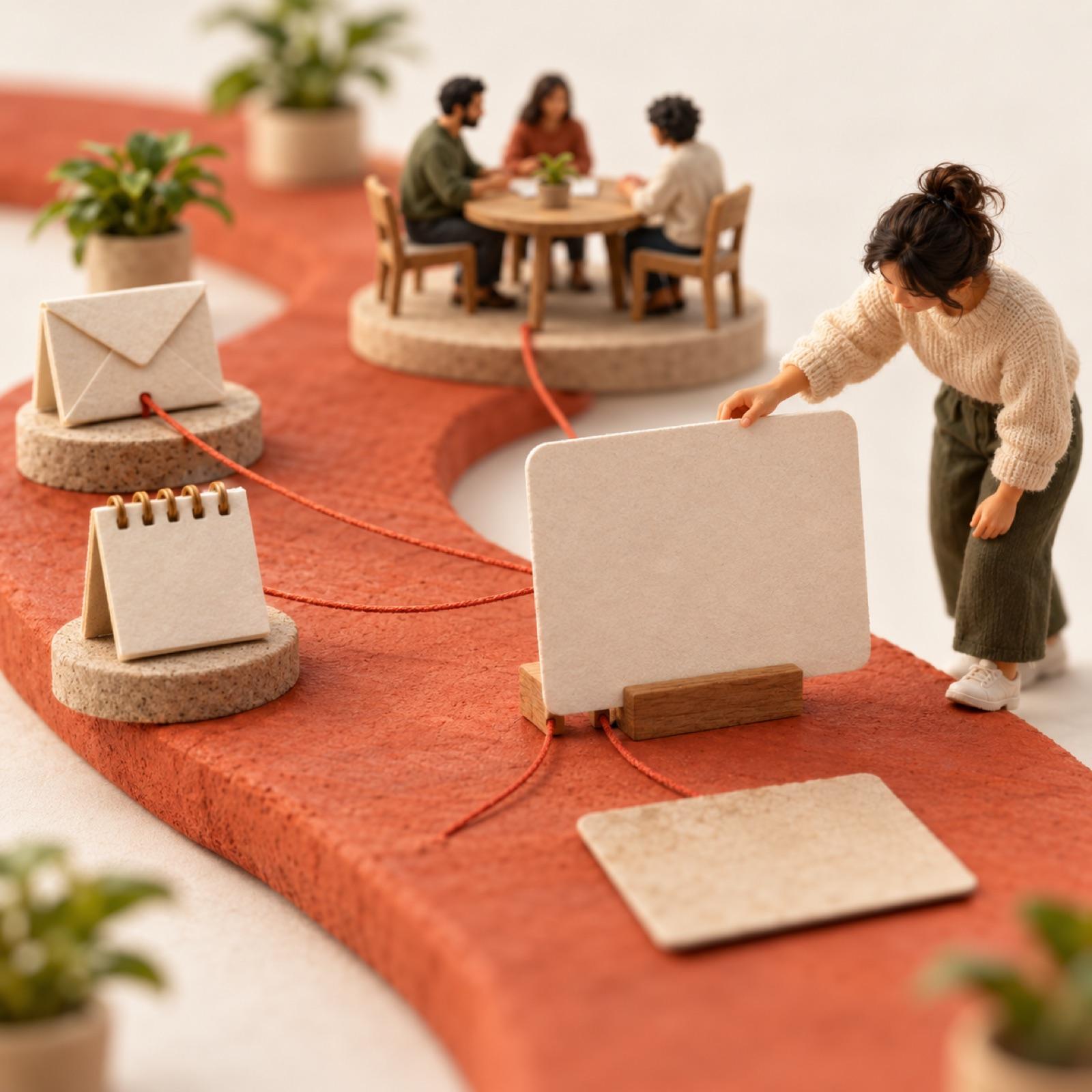 A close-up of one card on the path with threads leading back to an envelope, a calendar page and a meeting table.