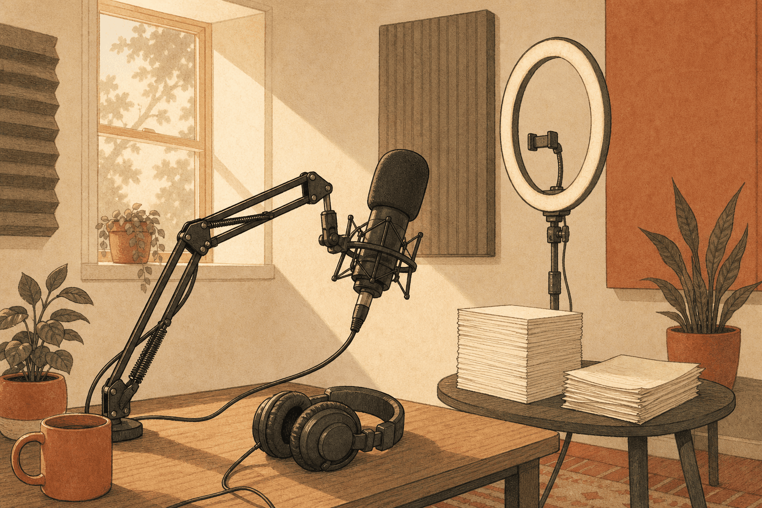 Brianna Walker at her Atlanta home-office desk; late-morning light through tall windows; a podcast microphone visible to the side.