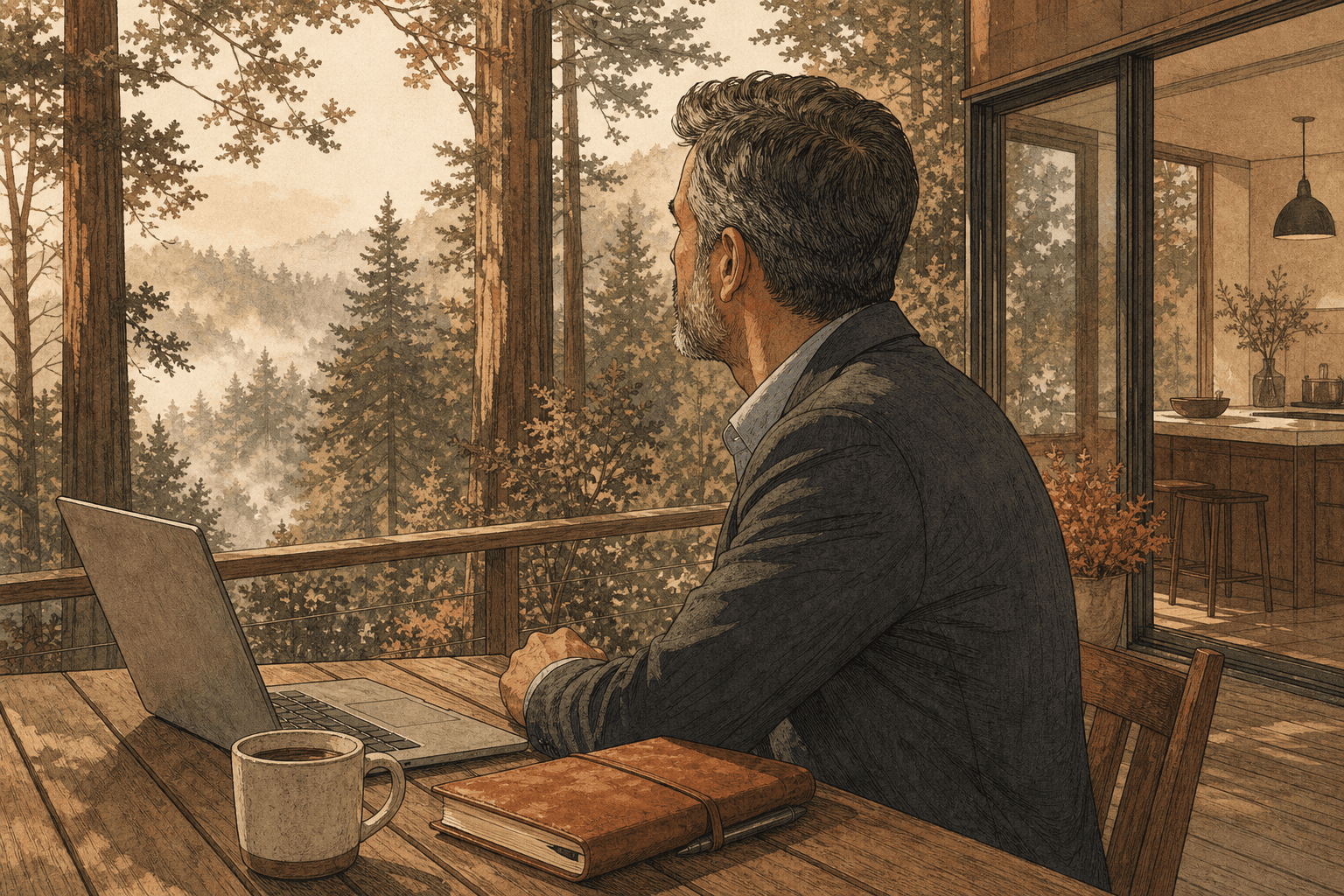 Mill Valley deck at dawn; Ethan implied through a hand on a coffee mug