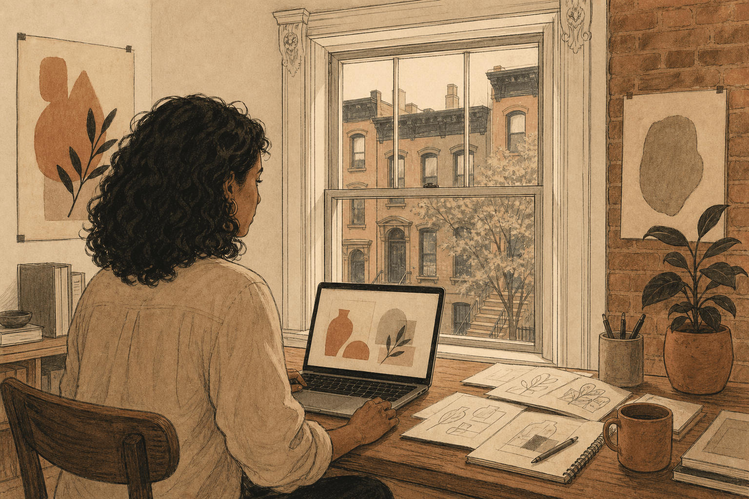 Brooklyn studio scene; Maya implied through hand on a laptop