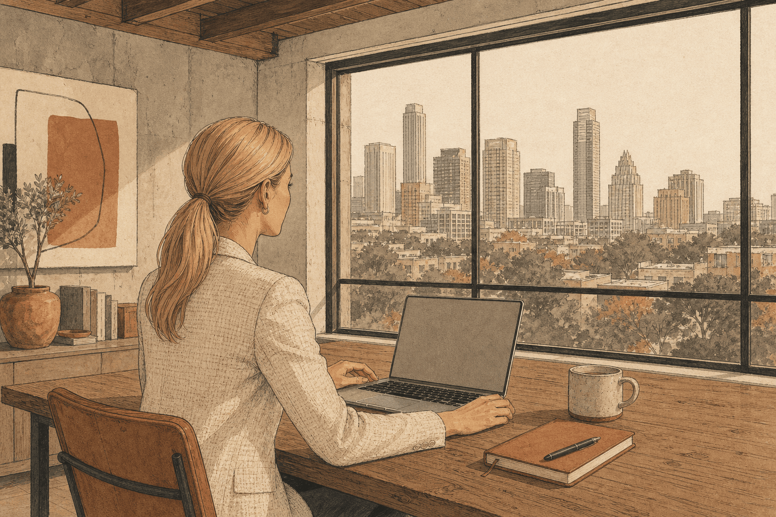 Austin loft desk at morning; Taylor implied through a hand on a laptop with email threads on screen.