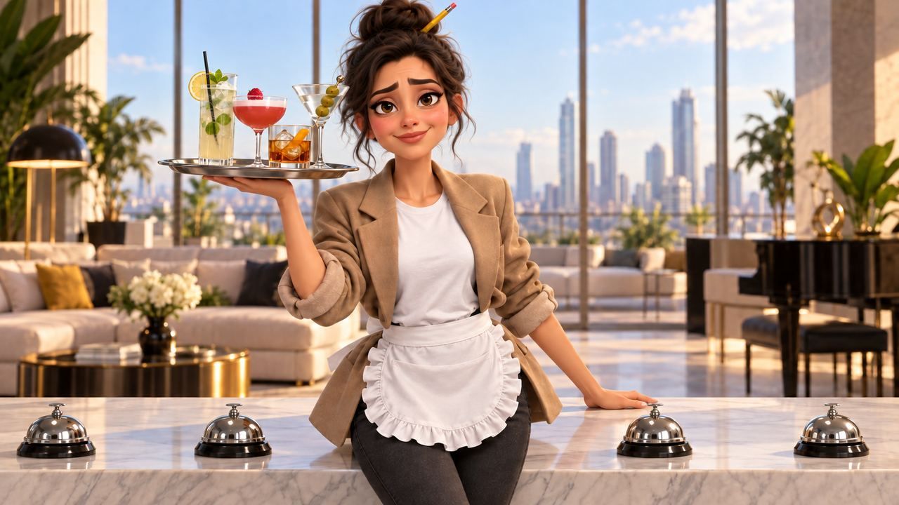 The singer in a maid apron holding a tray of drinks, four service bells on the counter.