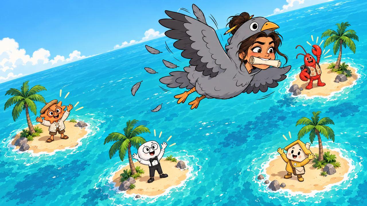 From the film They Hired Me: the singer in a pigeon costume flying notes between four agents on four islands.