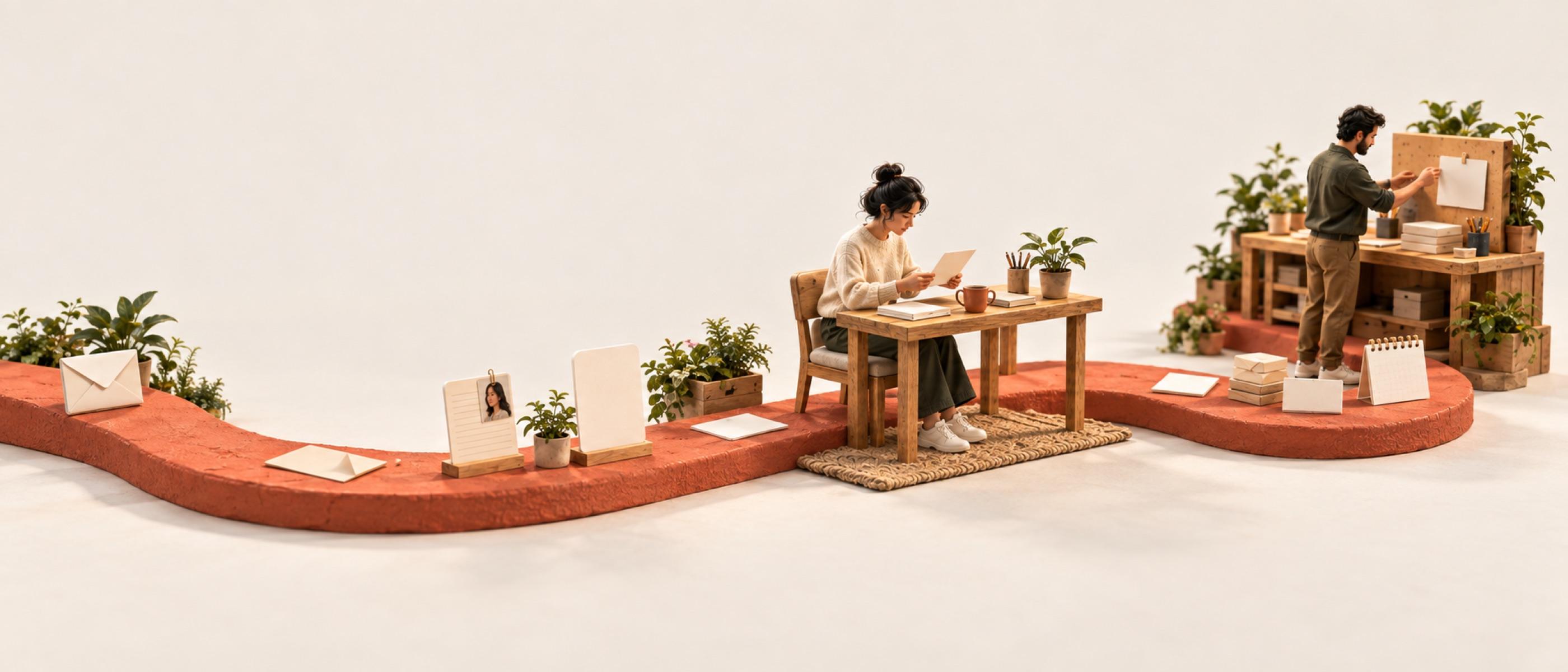 A panorama of one path: an envelope arrives, an older card lies faded beside a new one, then two desks where people read and build from the same card.
