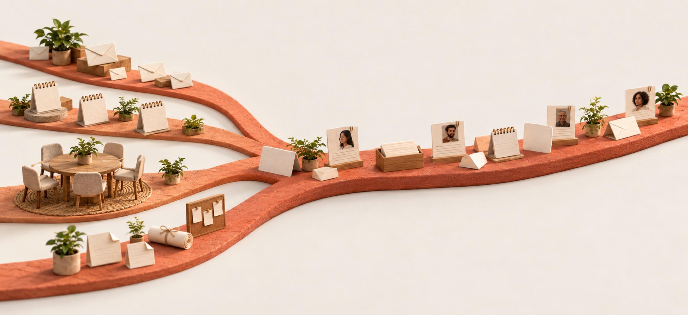Streams carrying envelopes, calendar pages and meeting tables flow into the start of the terracotta path.
