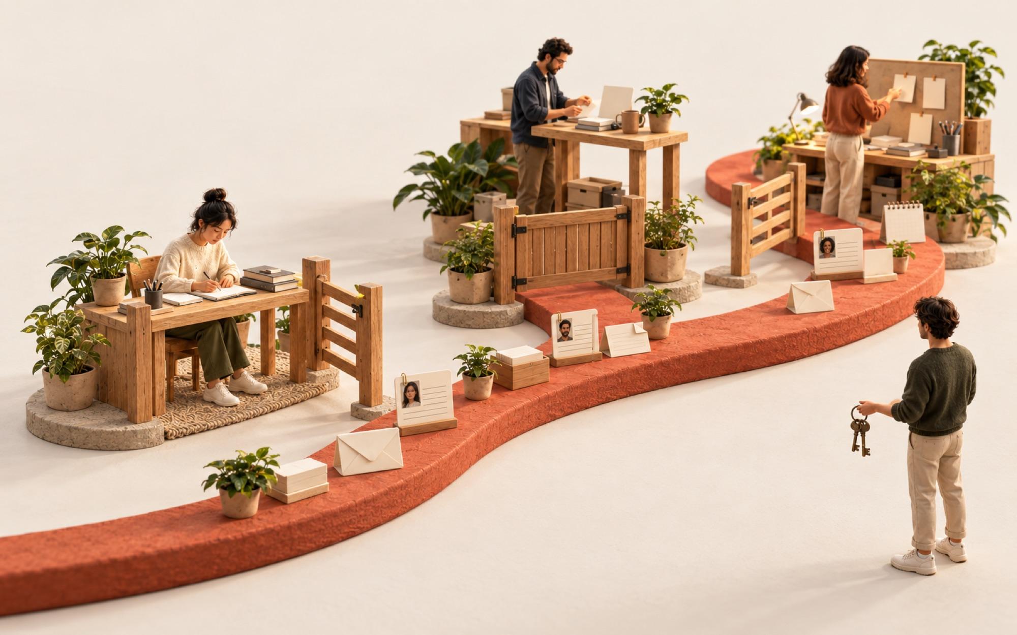 The path passes three desks, each with a small wooden gate. Two gates are open and one is closed.