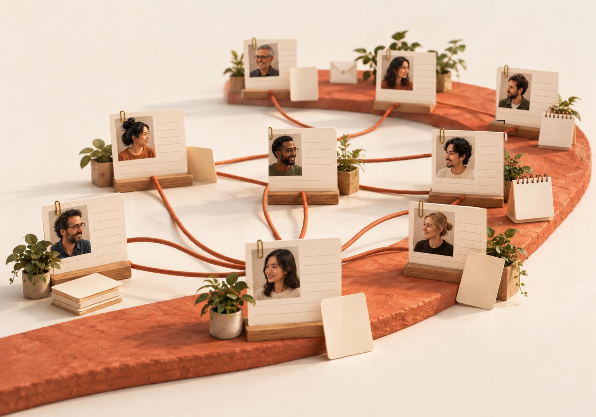 Person cards of different people standing around a loop of the path, joined by fine threads.